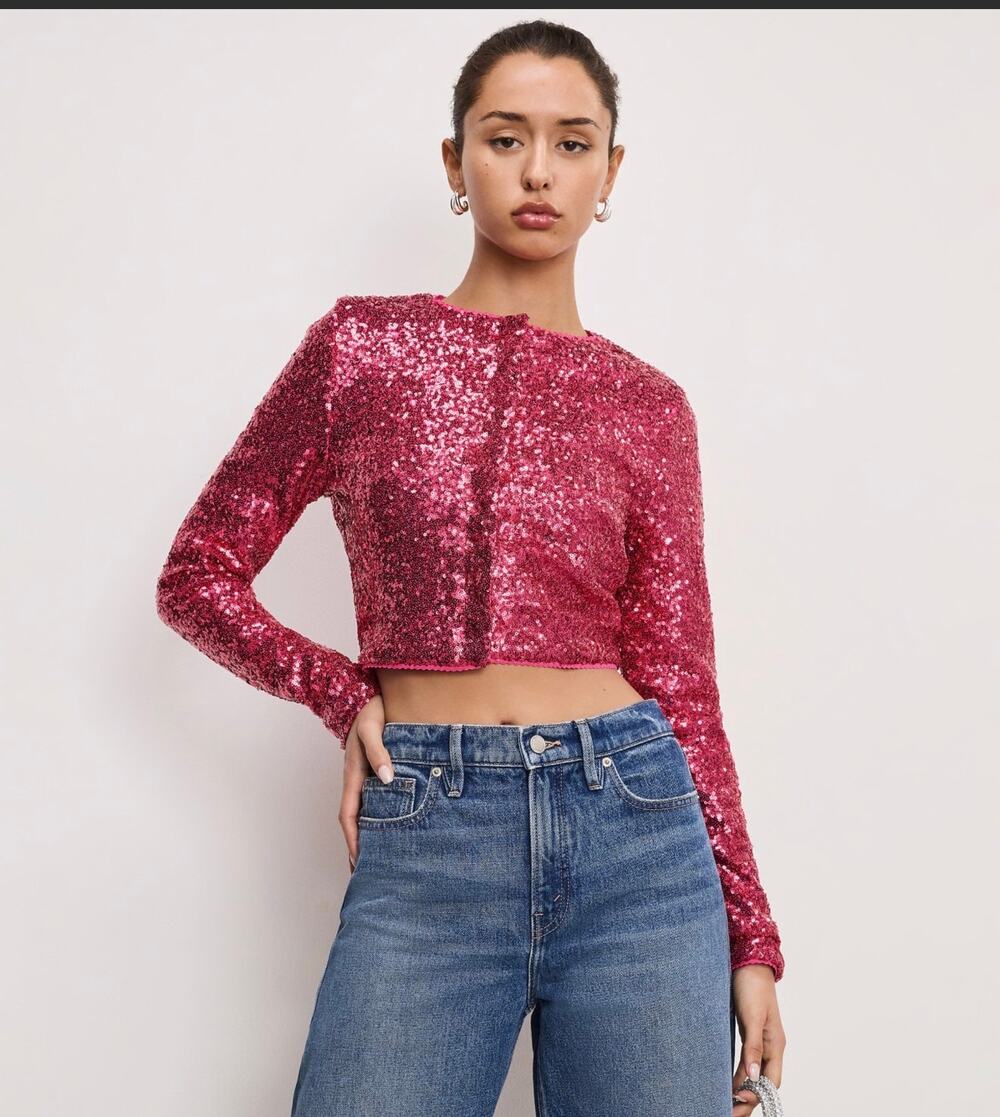 NWT Good American cotton sequin cardigan, pink, XXL